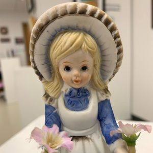 Vintage Country Girl with Hat pin cushion and spool of thread Ceramic figurine